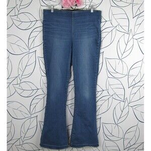 INC Denim Pull On Flare Jeans Women's Size 14 / 32 Medium Wash Blue Raw Hem